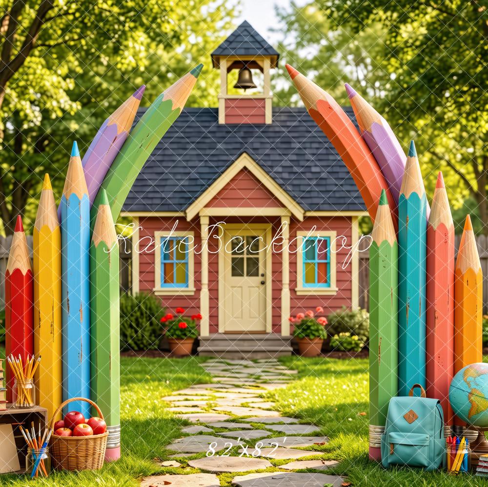 Kate Back To School Colored Pencils Schoolhouse Printed Backdrop Designed by Patty Roberts