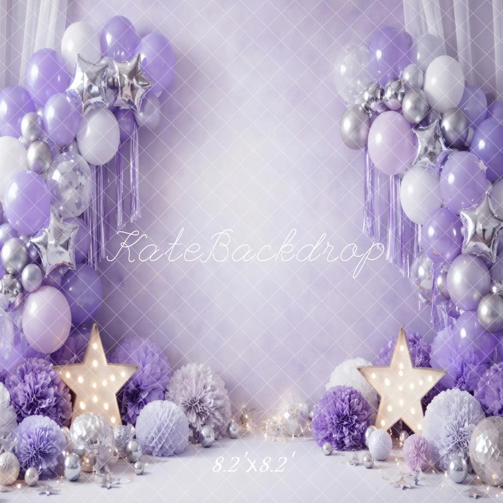 Kate Cake Smash Purple Balloon Arch Star Pom Printed Backdrop Designed by Vertigo Productions