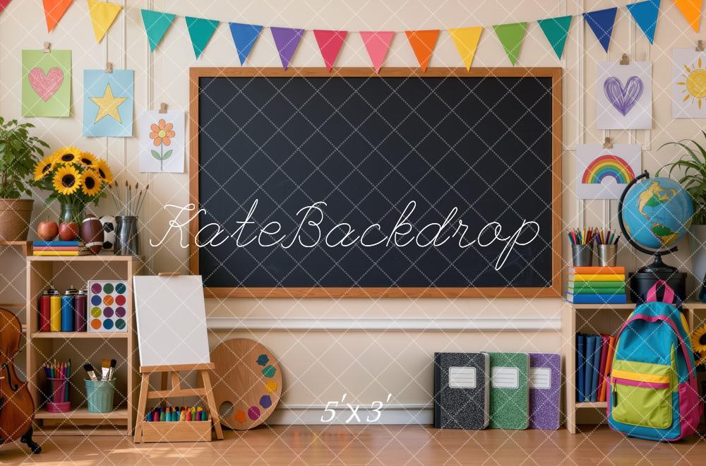 Kate Back To School Classroom Chalkboard Colorful Bunting Printed Backdrop Designed by Mini MakeBelieve