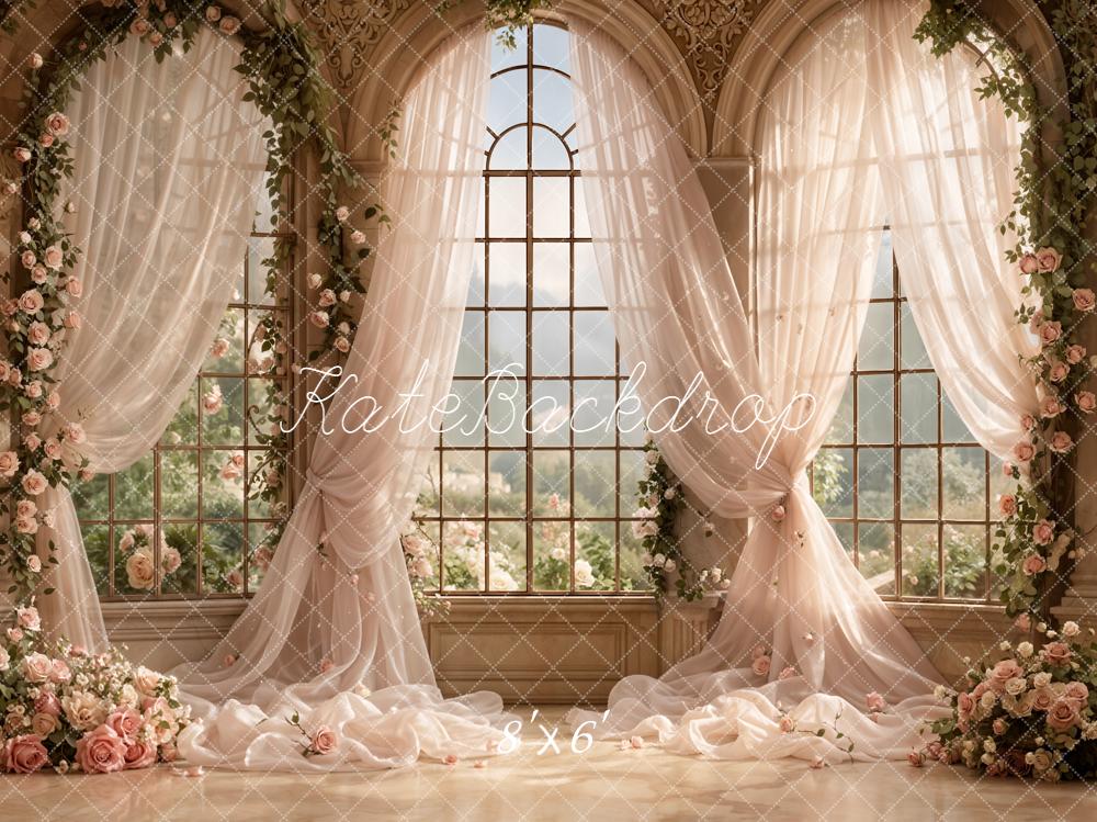 Kate Prom Pink Flower Arch Large Window Draped Curtains Printed Backdrop Designed by Emetselch