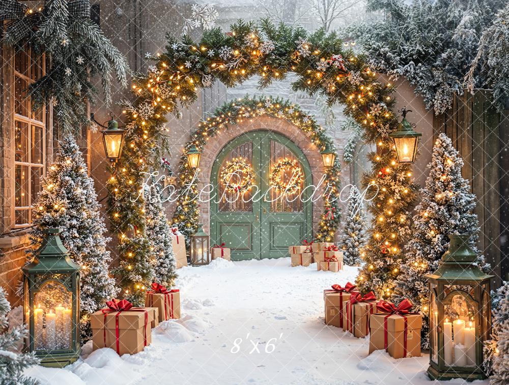 Kate Christmas Garland Archway Snowy Trees Green Doors Backdrop Designed by Emetselch