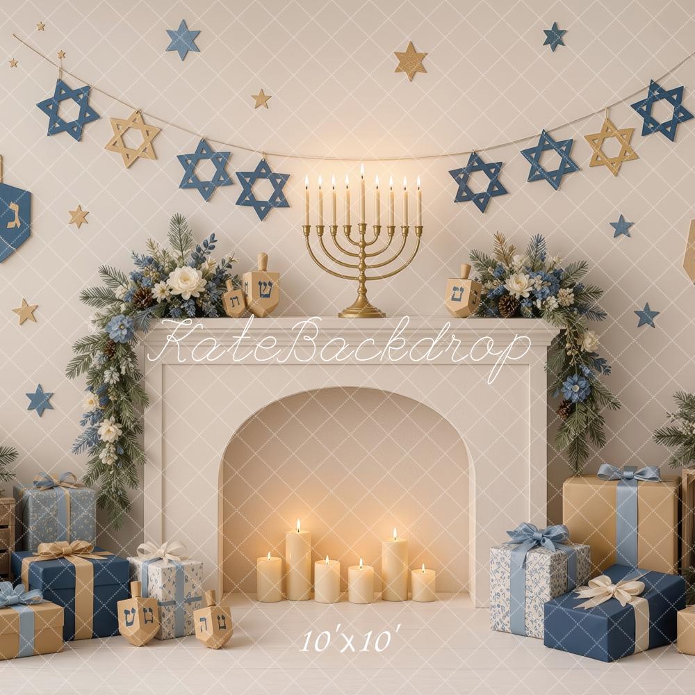 Kate Hanukkah Fireplace Menorah Dreidels Gifts Printed Backdrop Designed by Ashley Ward