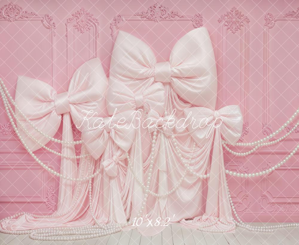 Kate Pink Bows Draped Fabric Pearls Wall Backdrop Designed by Emetselch
