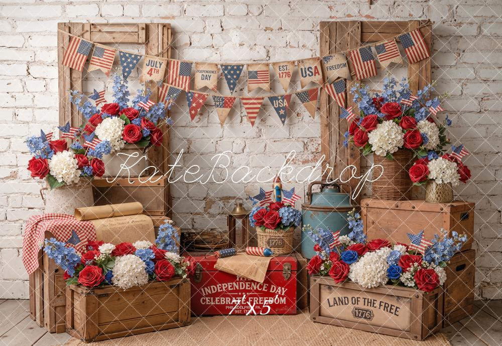 Kate Fourth of July Patriotic Crates Flowers Flags Printed Backdrop Designed by Emetselch