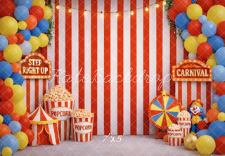 Kate Carnival Red White Stripes Balloons Popcorn Clown Printed Backdrop Designed by Vertigo Productions