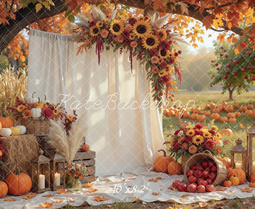 Kate Fall Sunflower Branch Arch Drapes Pumpkins Apples Lanterns Picnic Printed Backdrop Designed by Mini MakeBelieve
