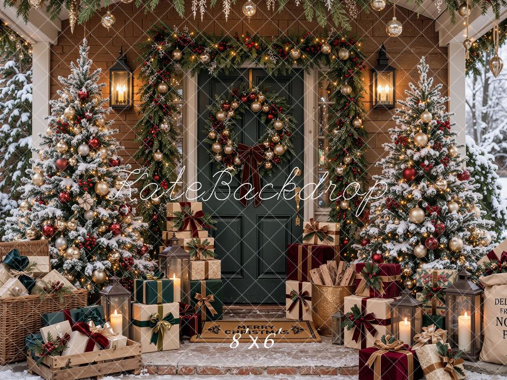Kate Christmas Snowy Front Porch Trees Wreath Gifts Printed Backdrop Designed by Shutter Swan Studios