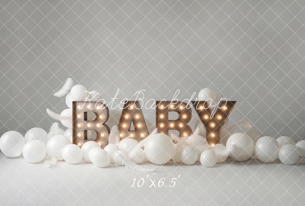 Kate Birthday Baby Marquee Letters White Balloons Feathers Backdrop Designed by Emetselch