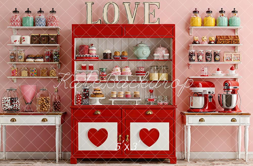 Kate Valentine's Day Red Cabinet Heart Candy Bar Shelves Backdrop Designed by Emetselch