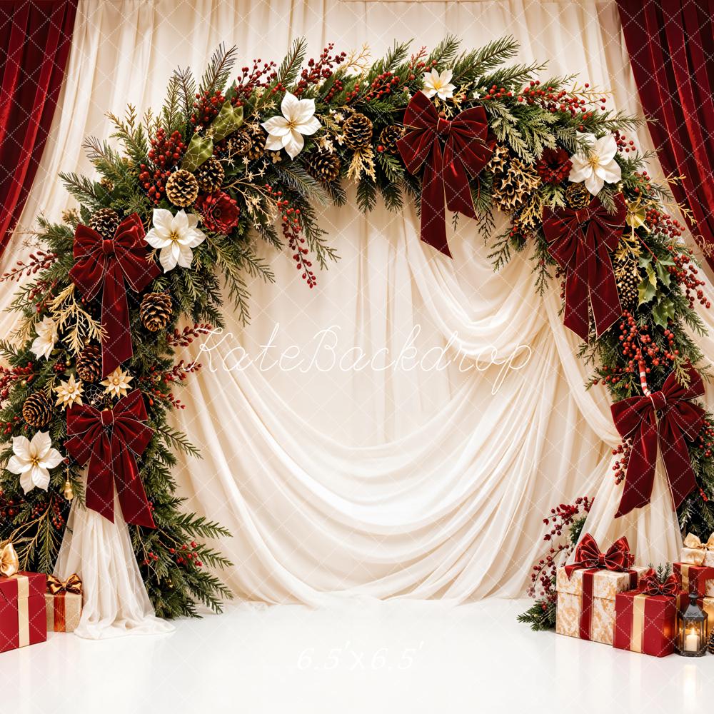 Kate Christmas Floral Garland Arch Red White Drapes Gifts Printed Backdrop Designed by Emetselch