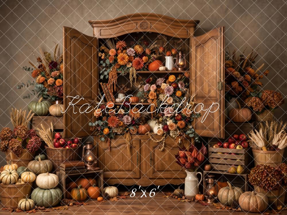 Kate Fall Brown Pumpkin Flower Vintage Cabinet Printed Backdrop Designed by Patty Roberts