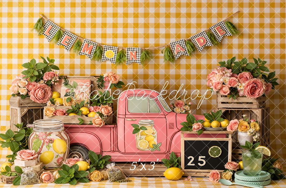 Kate Summer Lemonade Pink Truck Yellow Plaid Flowers Printed Backdrop Designed by Emetselch