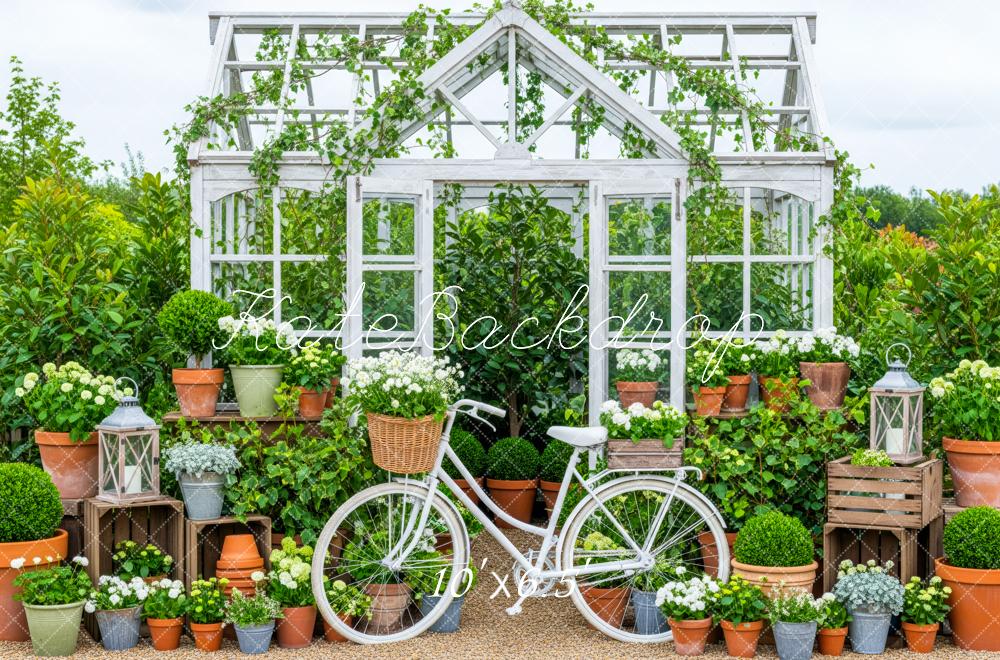 Kate Spring Greenhouse White Bicycle Flower Pots Lanterns Backdrop Designed by Patty Roberts