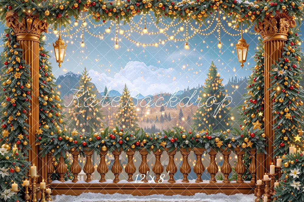 Kate Christmas Garland Columns Mountain Balcony String Lights Printed Backdrop Designed by Mini MakeBelieve
