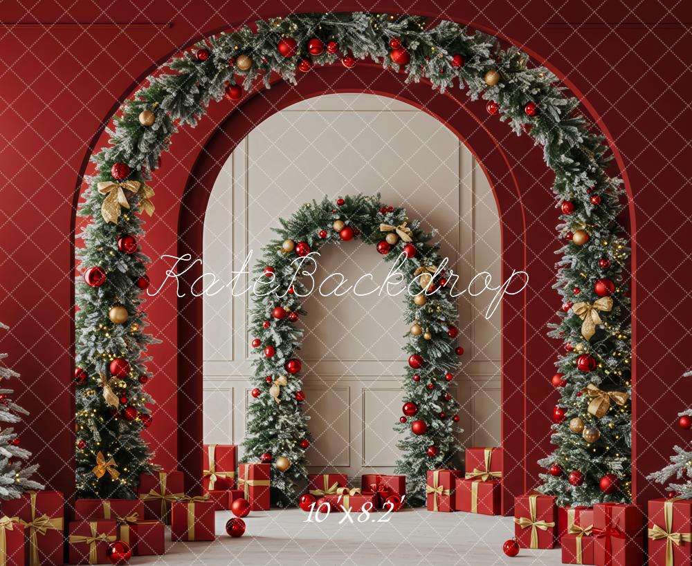 Kate Christmas Red Arch Garland Gift Boxes Backdrop Designed by Patty Roberts