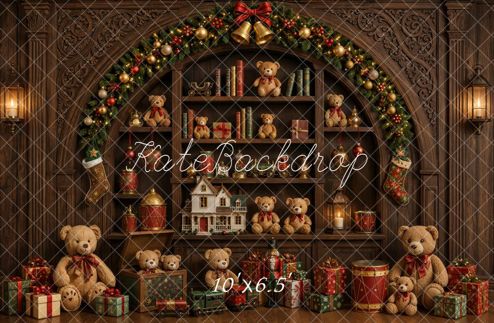 Kate Christmas Toys Room Teddy Bears Arch Bookshelf Gifts Printed Backdrop Designed by Emetselch