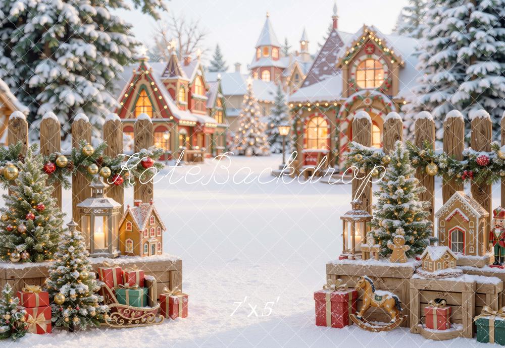Kate Christmas Snowy Village Gingerbread Houses Printed Backdrop Designed by Mini MakeBelieve