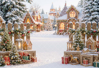 Kate Christmas Snowy Village Gingerbread Houses Printed Backdrop Designed by Mini MakeBelieve