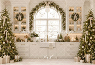 Kate Christmas White Kitchen Cabinet Window Trees Garland Printed Backdrop Designed by Emetselch
