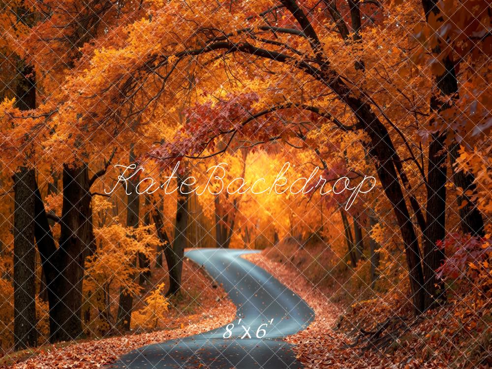 Kate Fall Forest Winding Road Orange Leaves Printed Backdrop Designed by Mini MakeBelieve