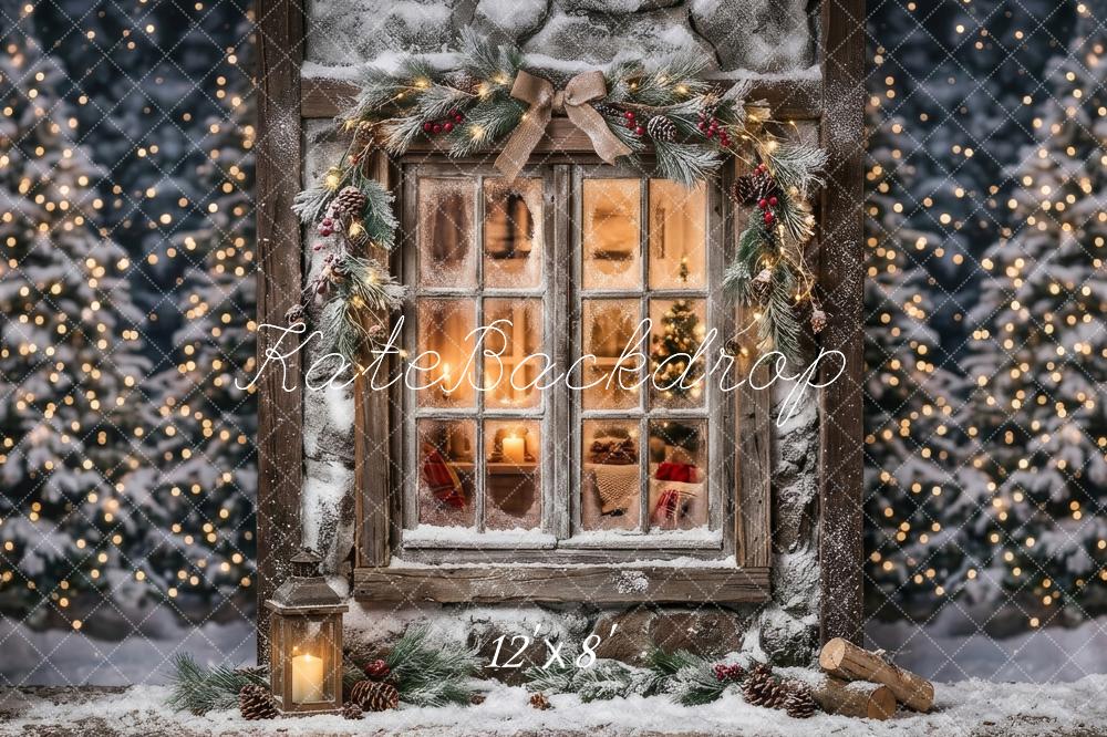 Kate Christmas Evening Snowy Window Garland Lantern Printed Backdrop Designed by Happy Squirrel Design