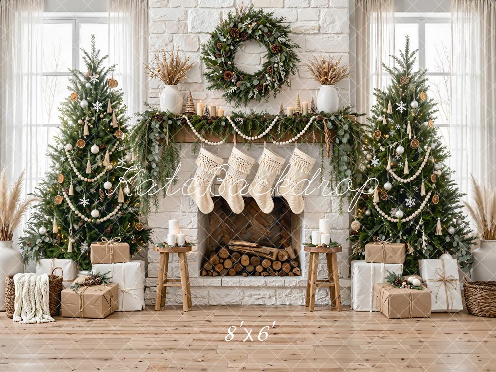 Kate Christmas Trees Fireplace Wreath Garland Gifts White Stockings Printed Backdrop Designed by Emetselch