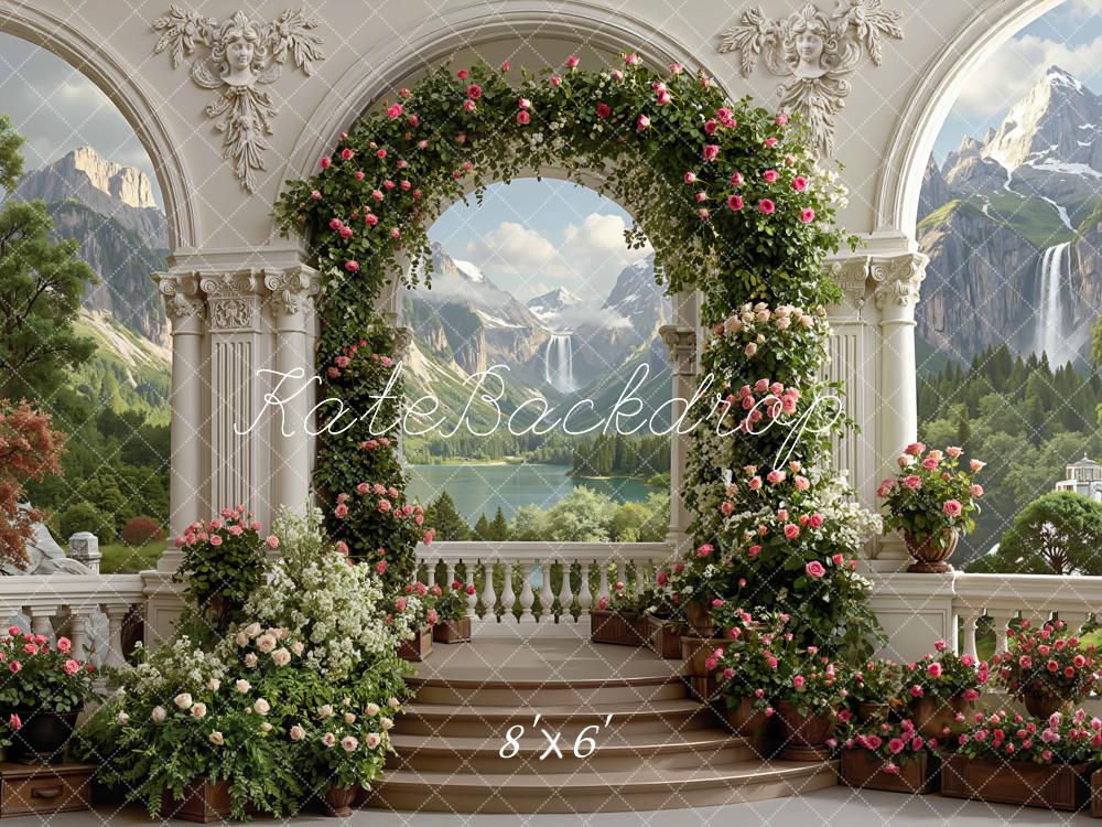 Kate Spring Flower Arch Columns Mountain Waterfall Garden Printed Backdrop Designed by Mini MakeBelieve