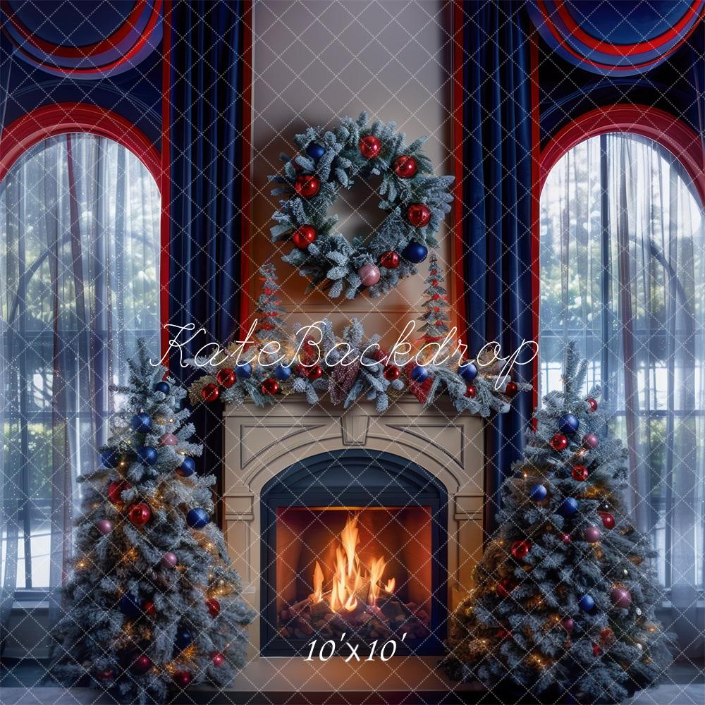 Kate Christmas Navy Red Curtains Fireplace Window Backdrop Designed by Mini MakeBelieve
