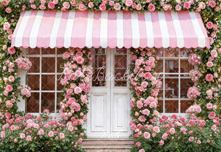 Kate Valentines Pink Rose Flower Shop Striped Awning Printed Backdrop Designed by Emetselch