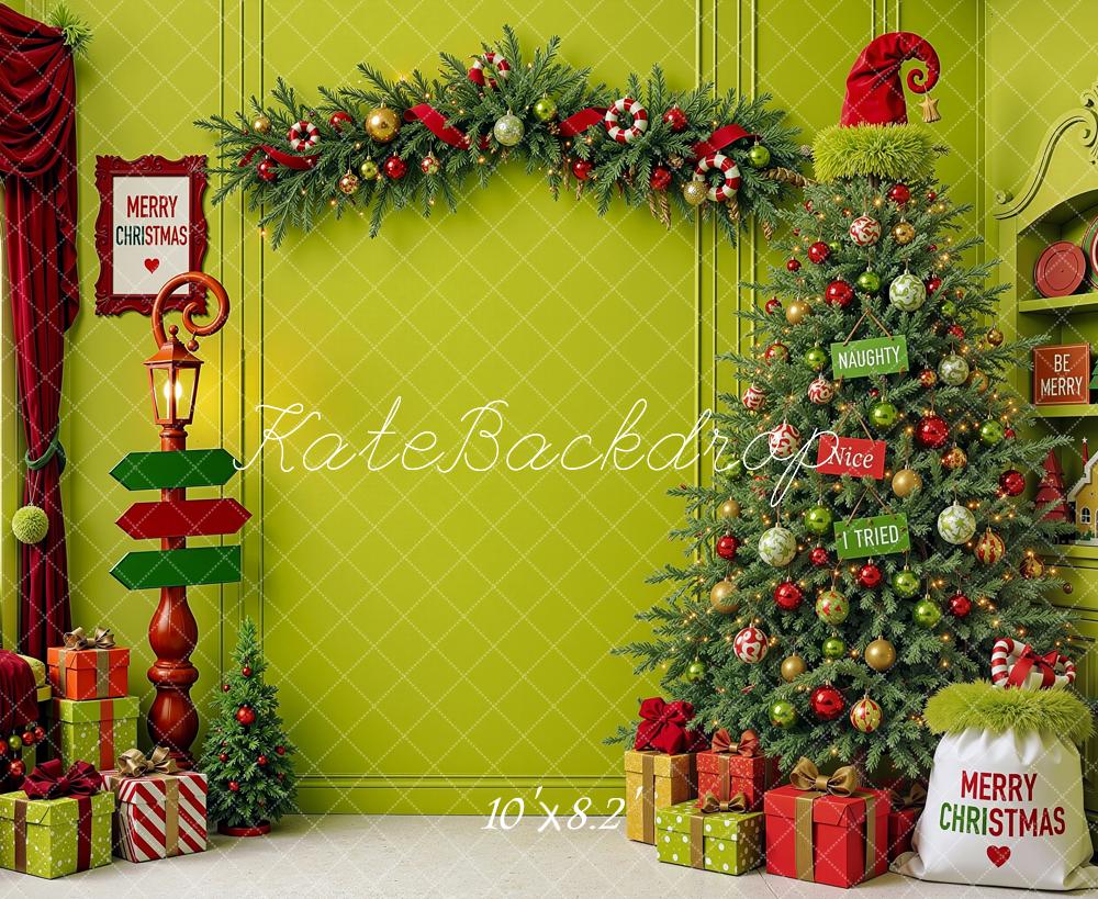 Kate Christmas Elf Green Tree Garland Window Shelf  Printed Backdrop Designed by Shutter Swan Studios
