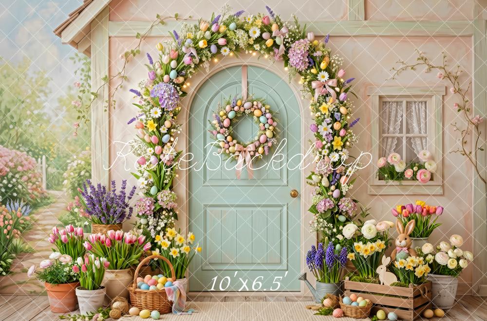 Kate Easter Bunny Flower Arch Tulips Pastel Doorway Printed Backdrop Designed by Patty Roberts