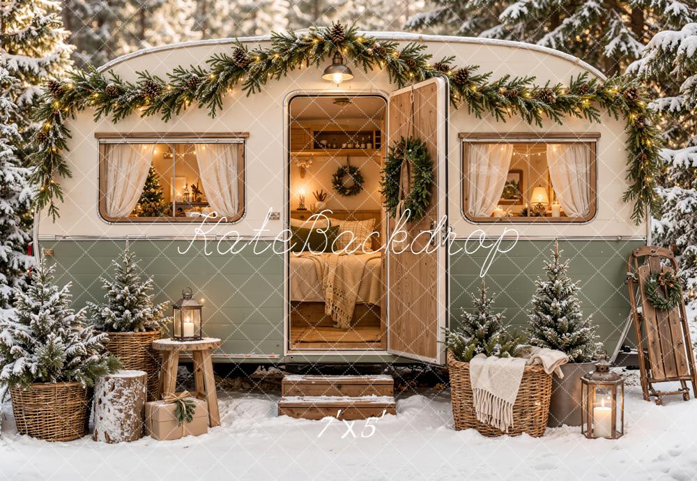 Kate Christmas Camper Rustic Snowy Trees Basket Forest Printed Backdrop Designed by Emetselch