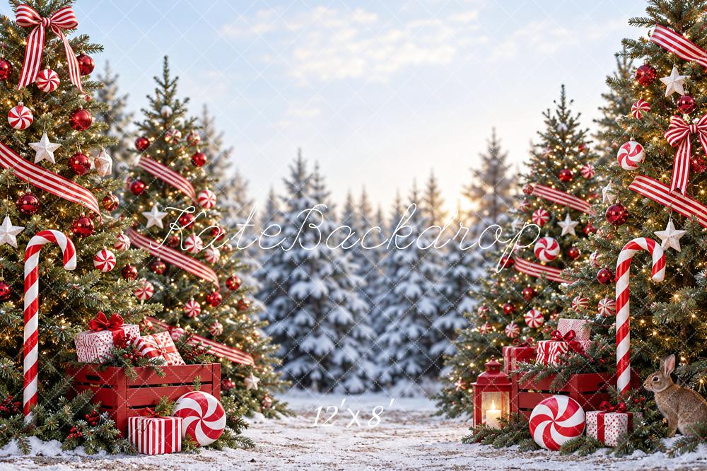 Kate Christmas Candy Cane Trees And Gifts Printed Backdrop Designed by Vertigo Productions