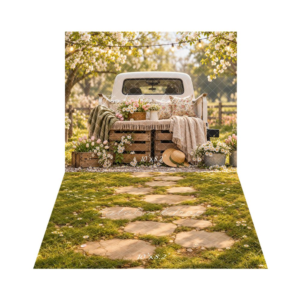 Kate Spring Truck Flowers Picnic Cherry Blossom Printed Backdrop+Green Grass Daisy Stepping Stone Path Floor Printed Backdrop