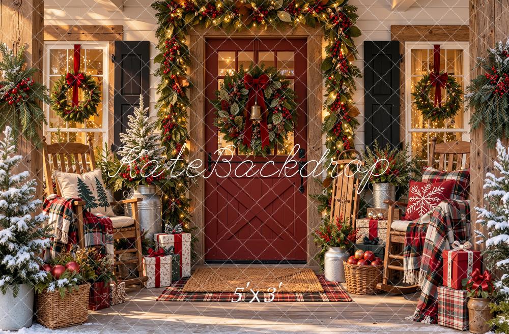 Kate Christmas Porch Garland Wreath Chair Plaid Rustic Printed Backdrop Designed by Shutter Swan Studios