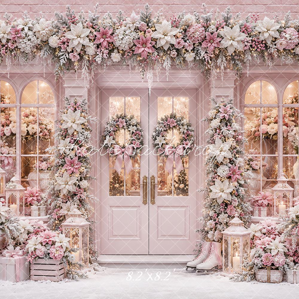 Kate Christmas Pink Snowy Floral Front Door Printed Backdrop Designed by Ashley Paul