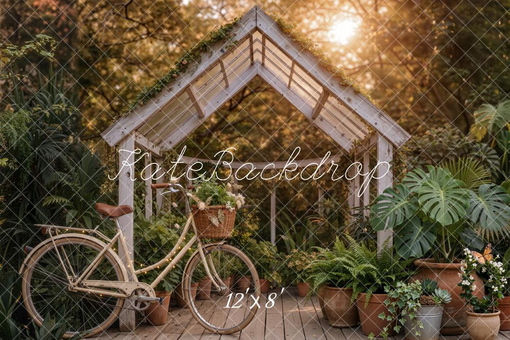 Kate Summer Garden Greenhouse Bicycle Potted Plants Printed Backdrop Designed by Emetselch