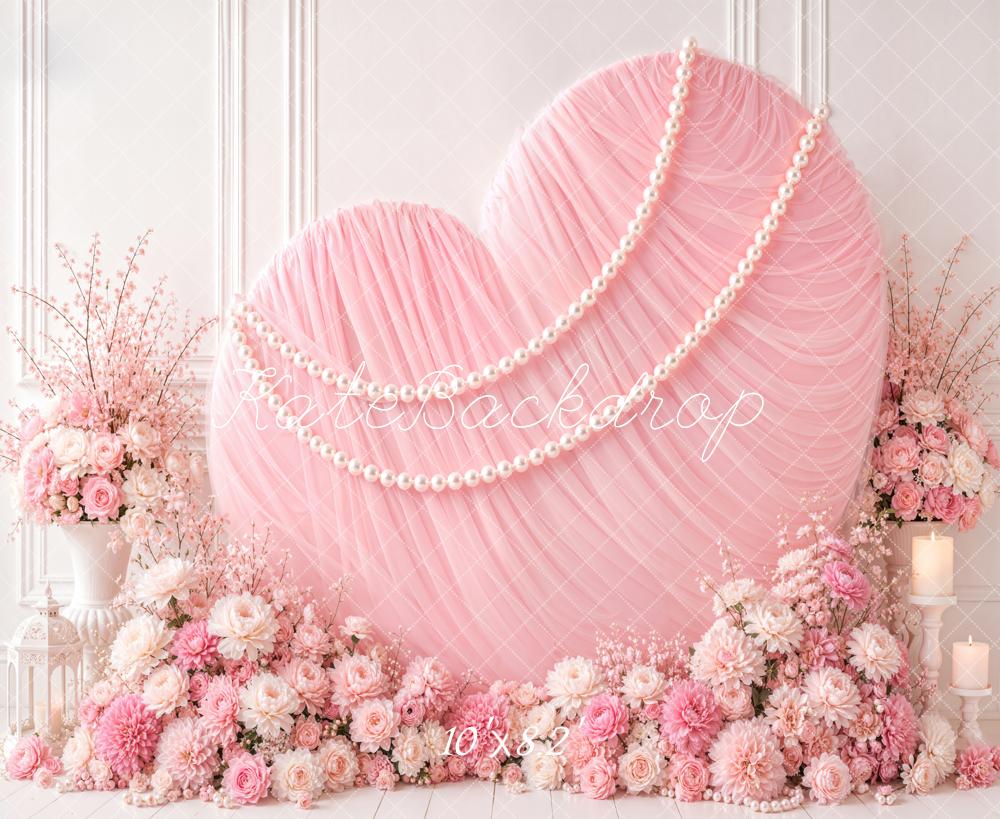 Kate Valentine's Day Pink Chiffon Heart Pearls Flowers Vases Printed Backdrop Designed by Emetselch