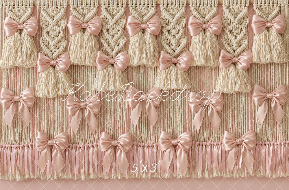 Kate Boho Satin Pink Bow Macrame Tassel Printed Backdrop Designed by Angela Miller