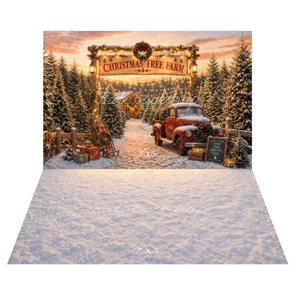 Kate Christmas Tree Farm Red Truck Snow Gifts Printed Backdrop+Snow Texture Floor Printed Backdrop