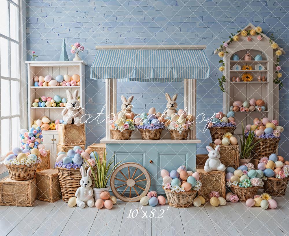 Kate Easter Bunny Pastel Eggs Blue Market Stand Backdrop Designed by Emetselch