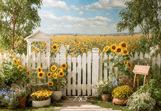 Kate Summer Sunflower Field White Picket Fence Garden Printed Backdrop Designed by Emetselch