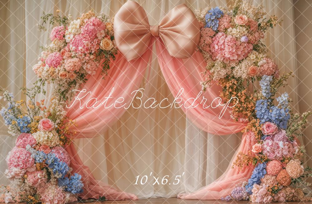 Kate Floral Arch Pink Bow Drapes Backdrop Designed by Emetselch
