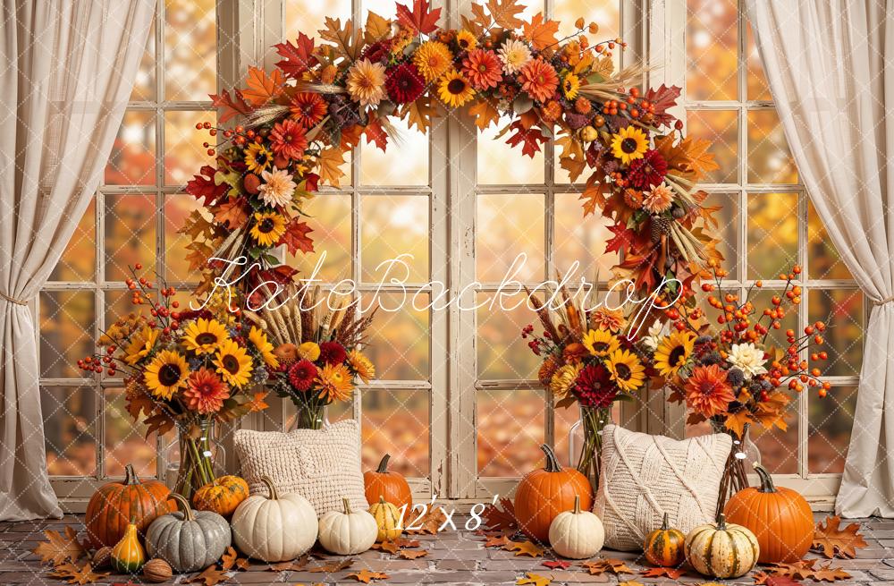 Kate Fall Sunflower Arch Pumpkins Window Printed Backdrop Designed by Emetselch
