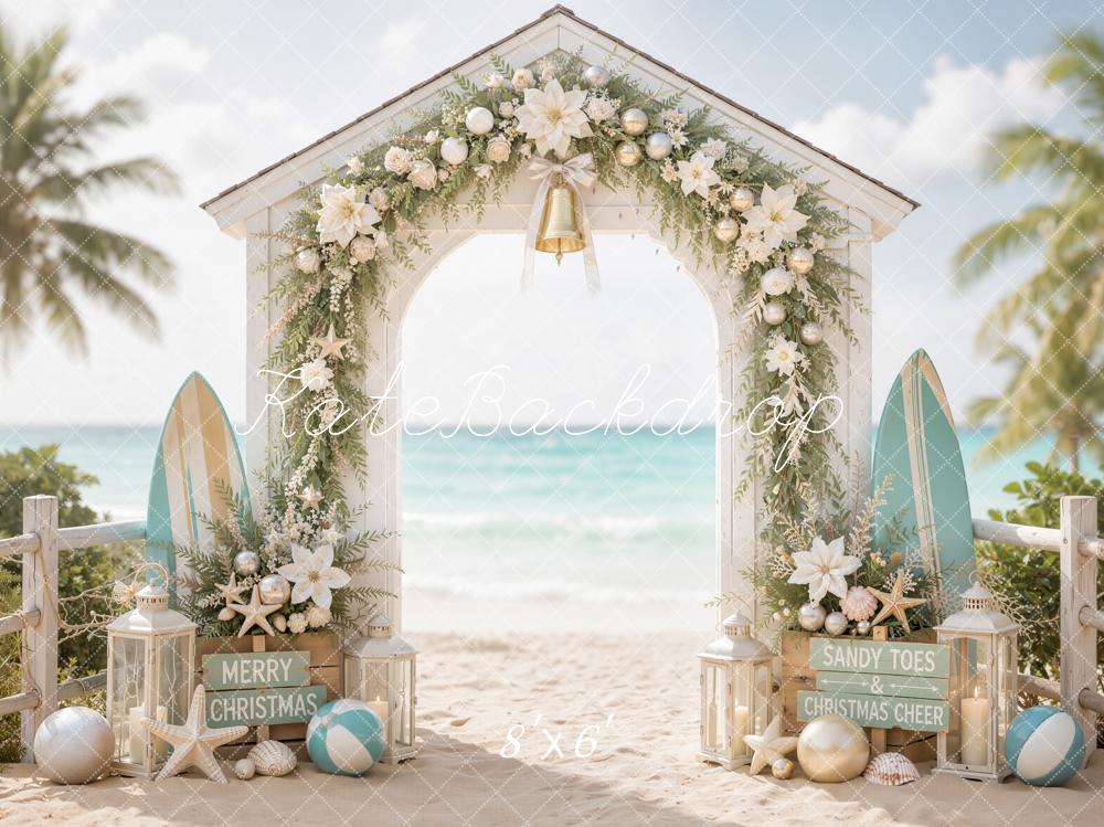 Kate Christmas Beach Arch Surfboards Garland Palm Trees Printed Backdrop Designed by Emetselch