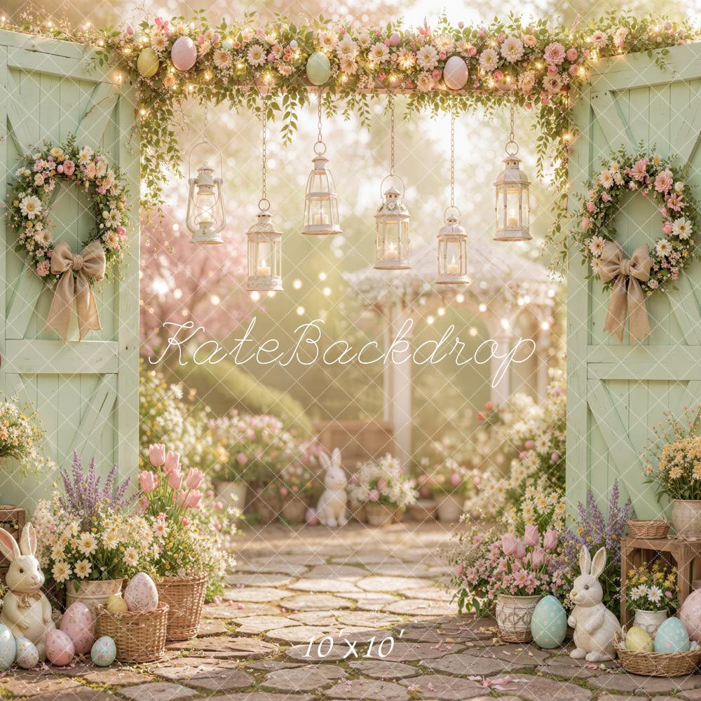 Kate Easter Spring Mint Green Door Floral Bunny Garden Printed Backdrop Designed by Emetselch