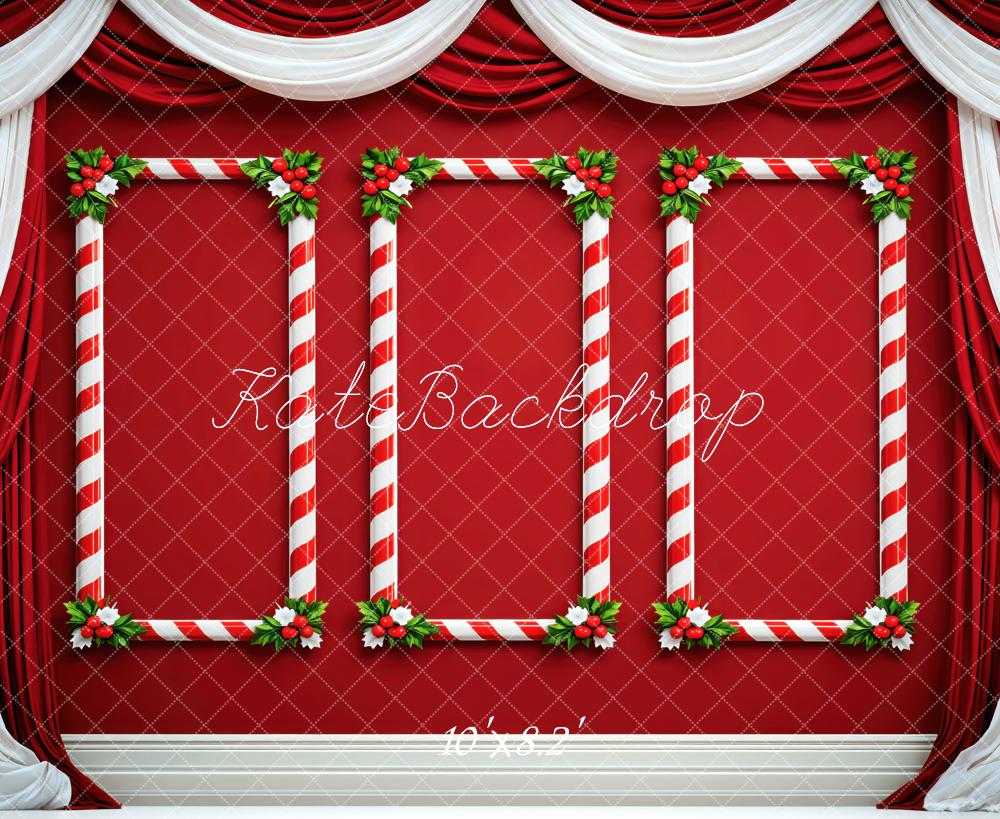 Kate Christmas Red Candy Cane Frame Curtain Printed Backdrop Designed by Mini MakeBelieve