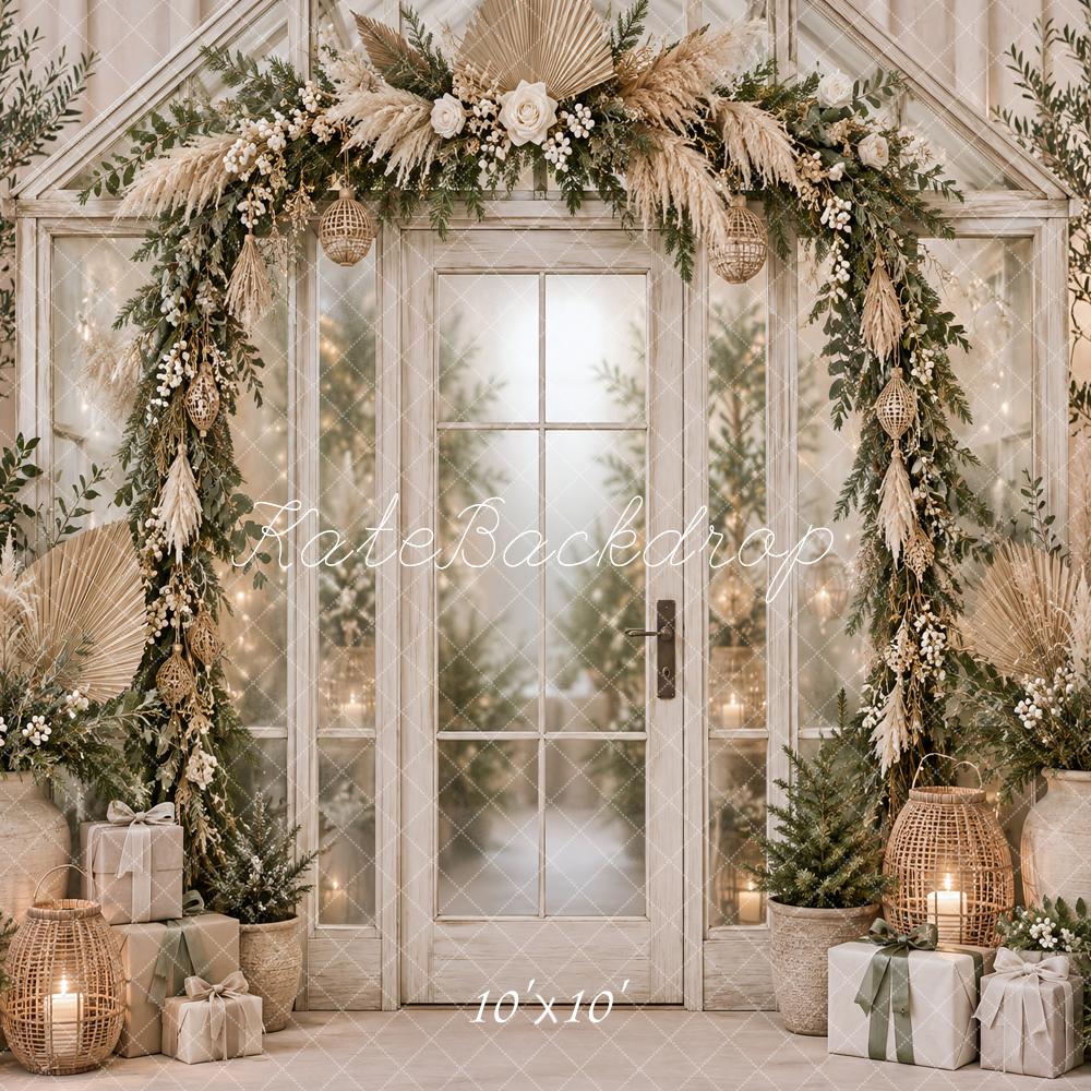 Kate Christmas Boho Greenery Arch Glass Door Gifts Printed Backdrop Designed by Vertigo Productions
