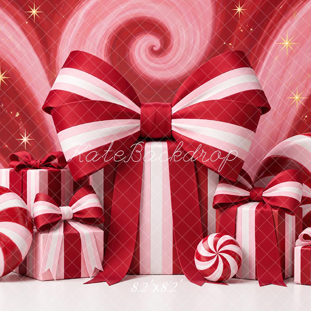 Kate Christmas Red Candy Cane Gifts Bow Printed Backdrop Designed by Angela Miller