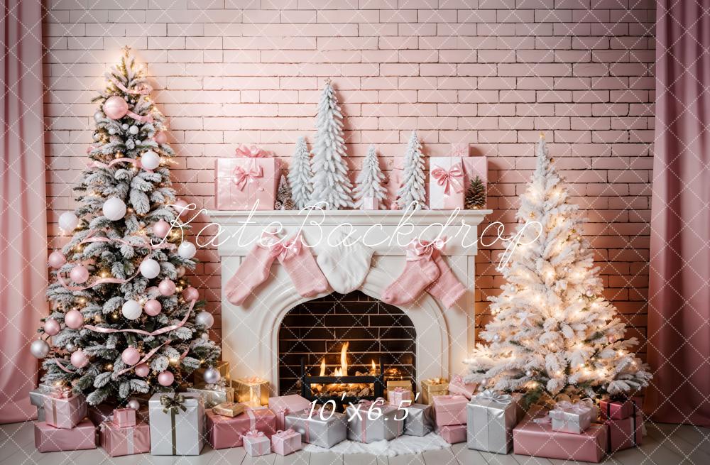 Elegant Pink Christmas Fireplace Backdrop